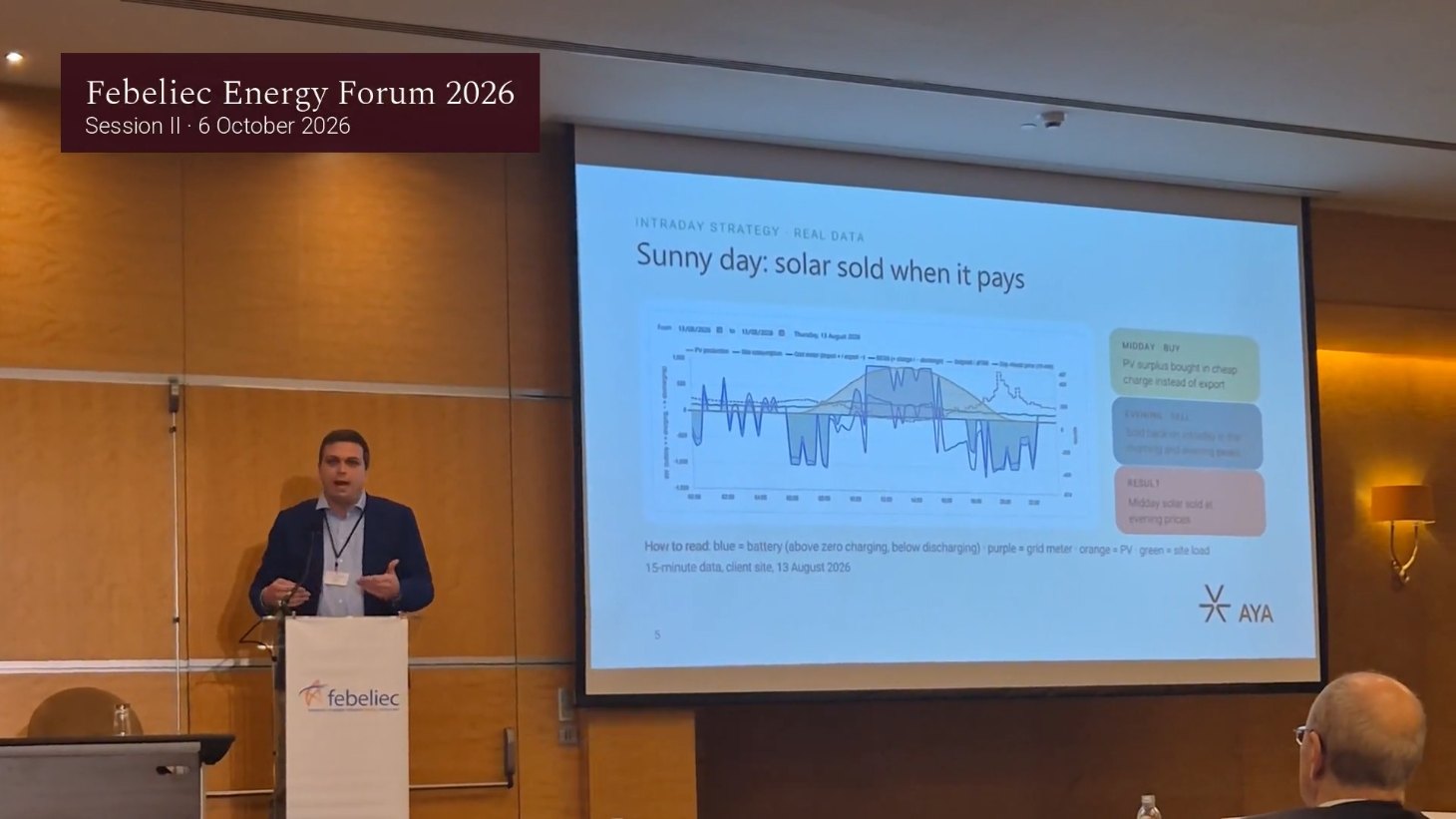 Antoine Delhaye, Head of Flexibility at FlexHub, presenting the One battery, two jobs case on stage at the Febeliec Energy Forum 2026, Session II
