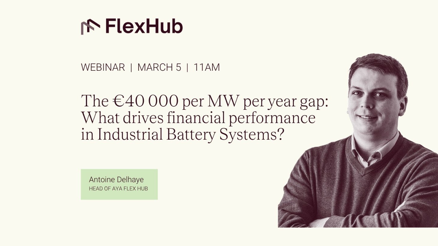 FlexHub webinar: The €40,000 per MW per year gap – what drives financial performance in industrial battery systems, presented by Antoine Delhaye